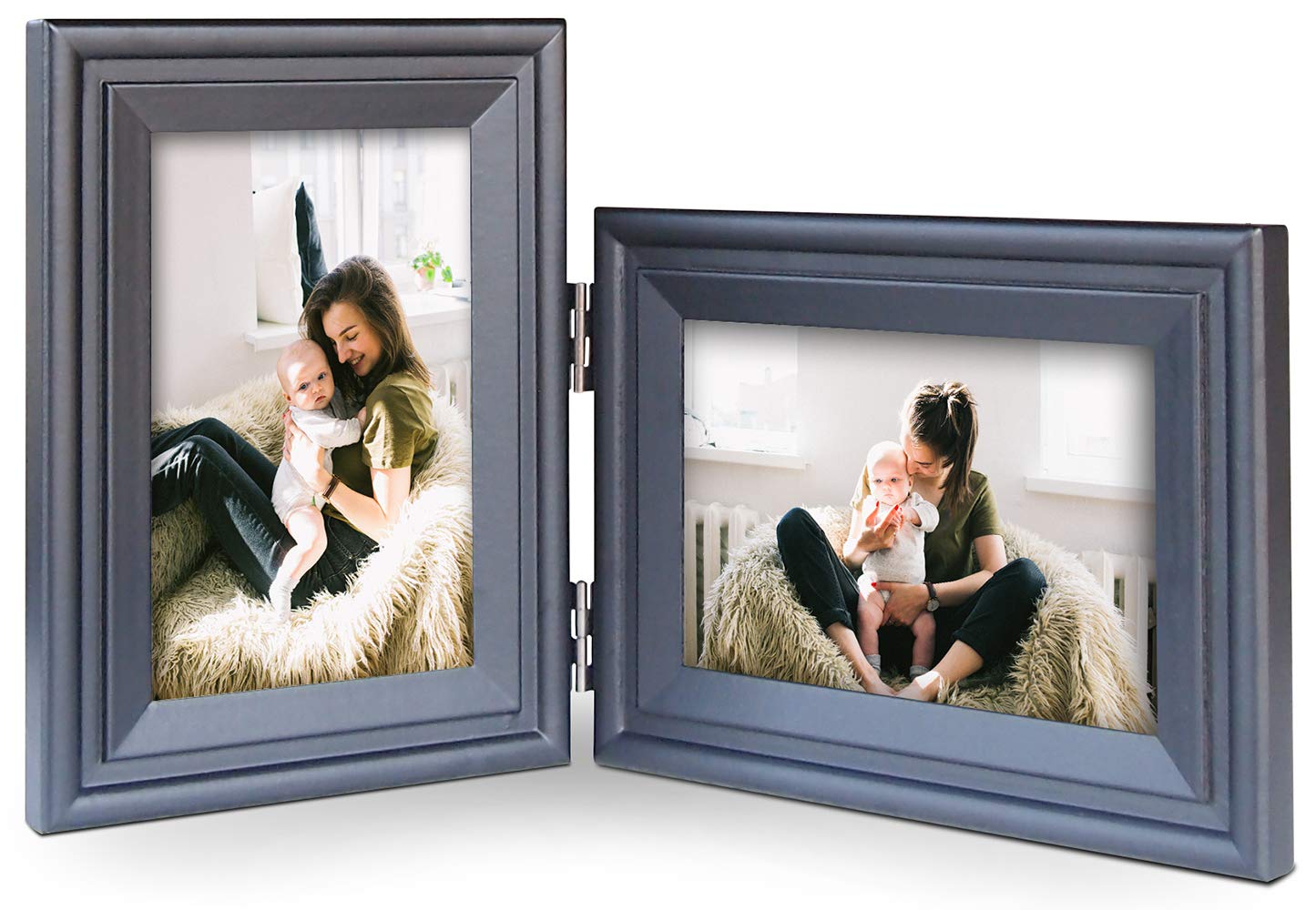 JD Concept Vertical Horizontal Combo, Double 6x4 (10 x 15 cm) Black Wood Hinged Photo Picture Frame, Desktop or Wall Mounted, Portrait and Landscape View