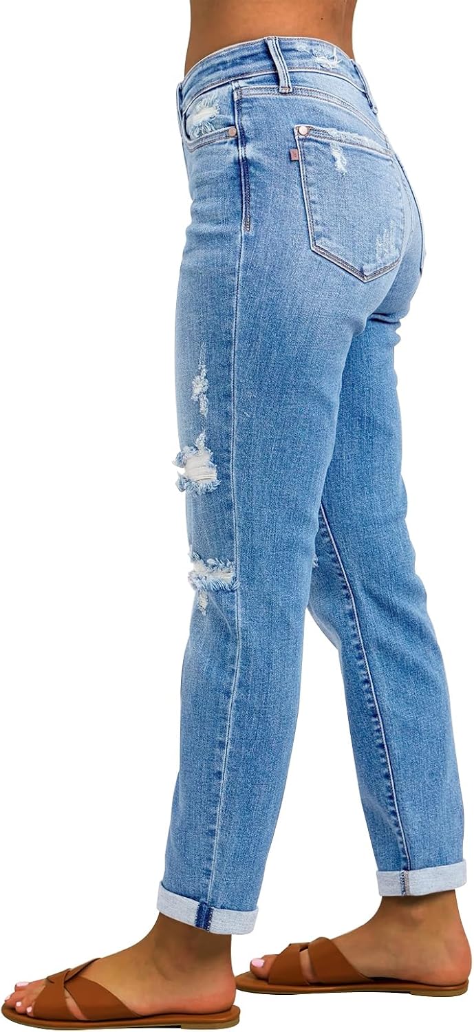 KUNMI Women's Ripped Mid Waisted Boyfriend Jeans Loose Fit Distressed Stretchy Denim Pants image 3