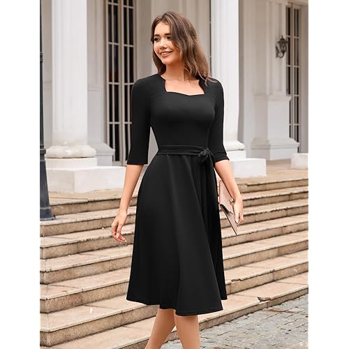 Snapklik.com : Womens Black Cocktail Dresses For Women 2026 Funeral Formal  Modest Church Dress A-Line Fit And Flare Midi Black M