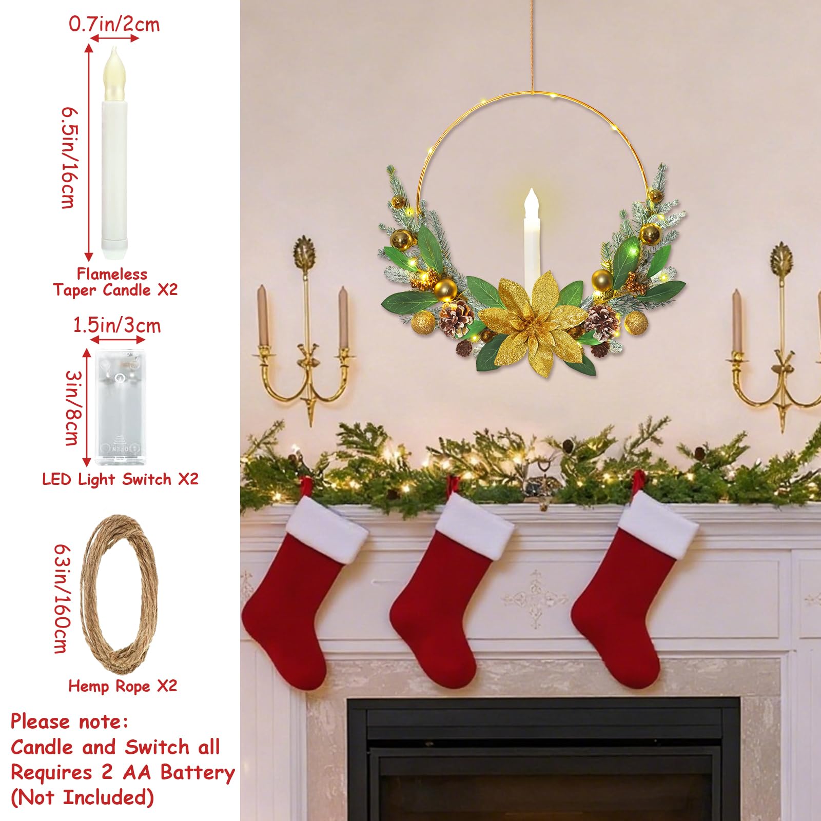 Betylifoy Lot de 2 couronnes de Noël rouges pour porte d'entrée de 40,6 cm avec bougies coniques à DEL pour porte d'entrée, fenêtre, cheminée, décorations de Noël (doré)