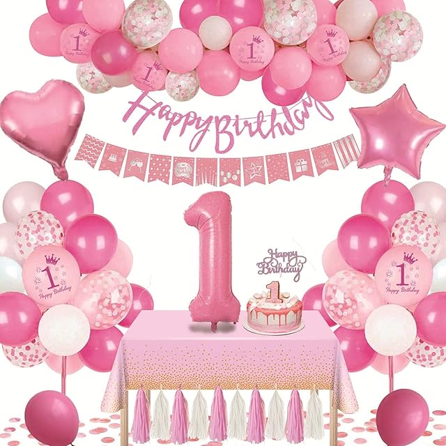 1st Birthday Decorations for Girls, Pink Birthday Balloons Happy Birthday Banner with Number 1 Balloon Pink White Confetti Balloons and Pink Gold Tablecloth for Baby Girl Daughter Baby Shower Party