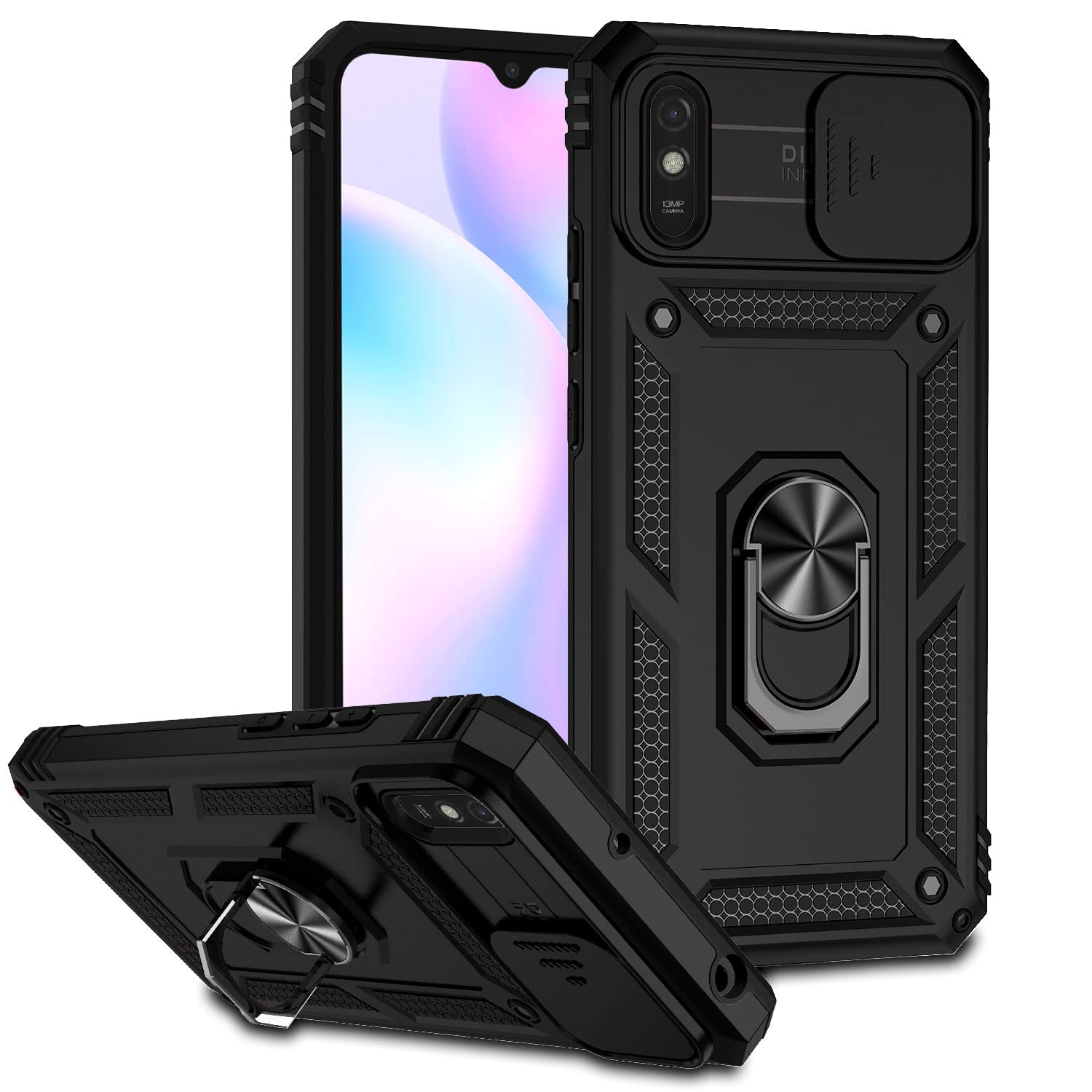 JIYU Cover per Xiaomi Redmi 9A/Redmi 9AT/Redmi 9i Custodia Protezione Fotocamera Scorrevole Case Antiurto Militare 360° Metallo Anello Supporto Full Body Silicone Custodie,Nero