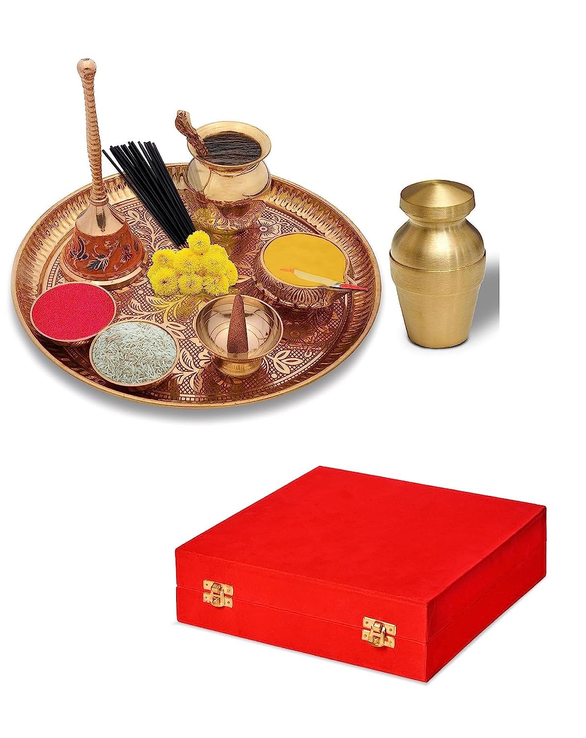 Service de table en laiton supérieur de 9 pièces ciselées pour temple Puja Thali