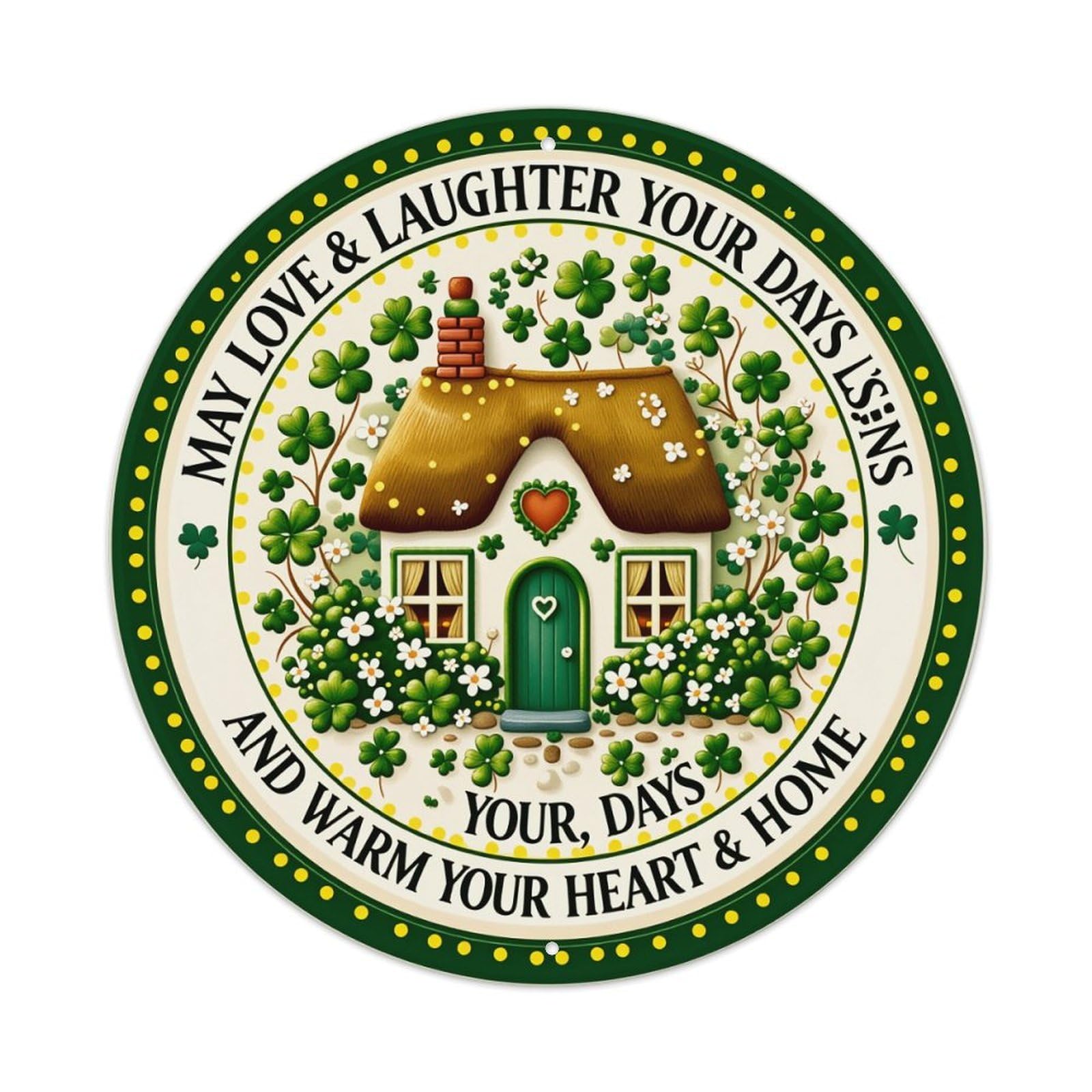 Cottage Clover Heart Flowers Green Round Tin Sign Vintage Metal Poster, Home Bar Garage Man Cave Cafe Indoor & Outdoor Wall Decoration 8x8Inches