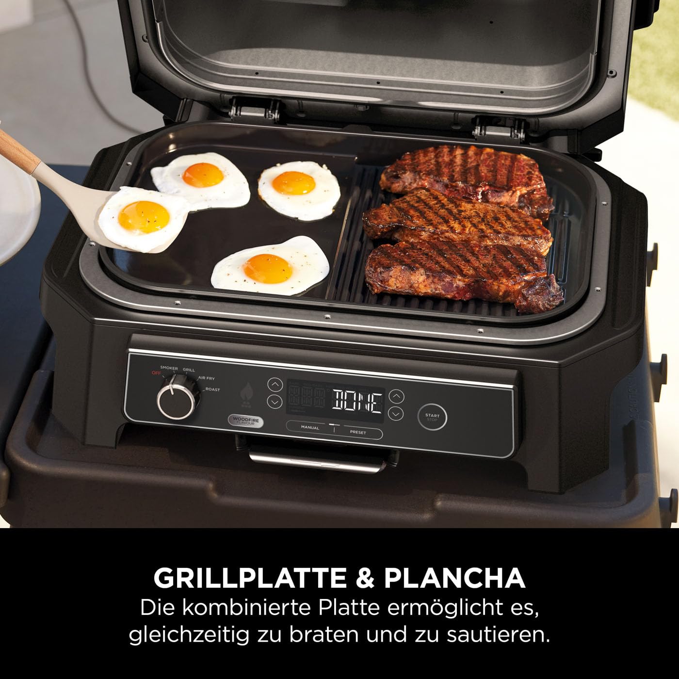 Ninja Woodfire XL flache Grillplatte, antihaftbeschichtete Kombination aus Flach- und, kompatibel mit BBQ Grill OG850/OG901, offizielles Ninja-Zubehör, XSKOGXLGGCMEU, Schwarz