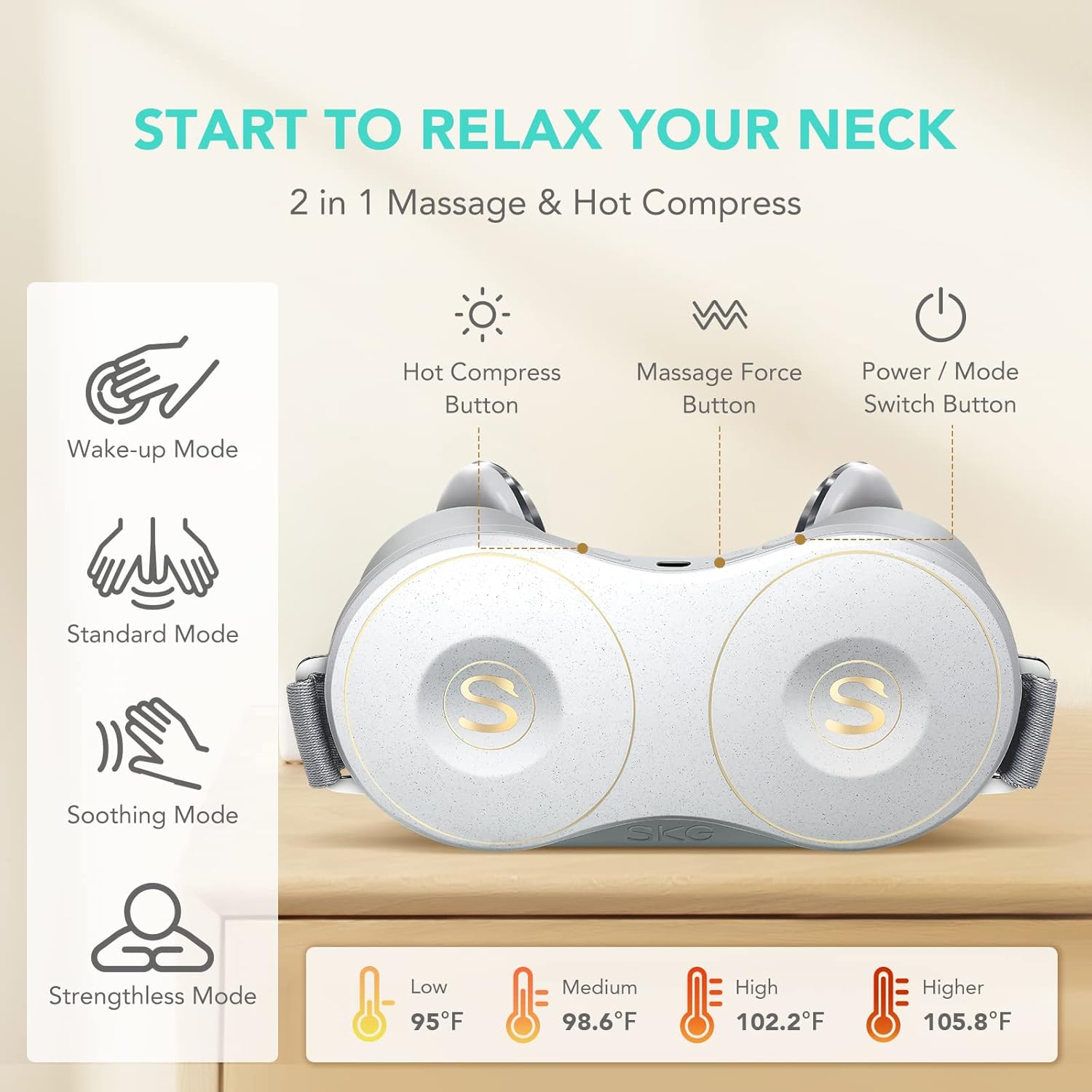 SKG H7 Neck Massager control panel with buttons and heat levels