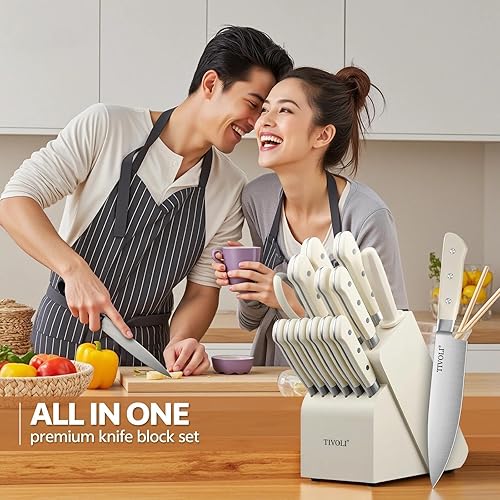 Miniatura 7 de TIVOLI Juego de cuchillos de acero inoxidable de alta calidad de 15 piezas para cocina con bloque y varilla de afilar, juegos de bloques de