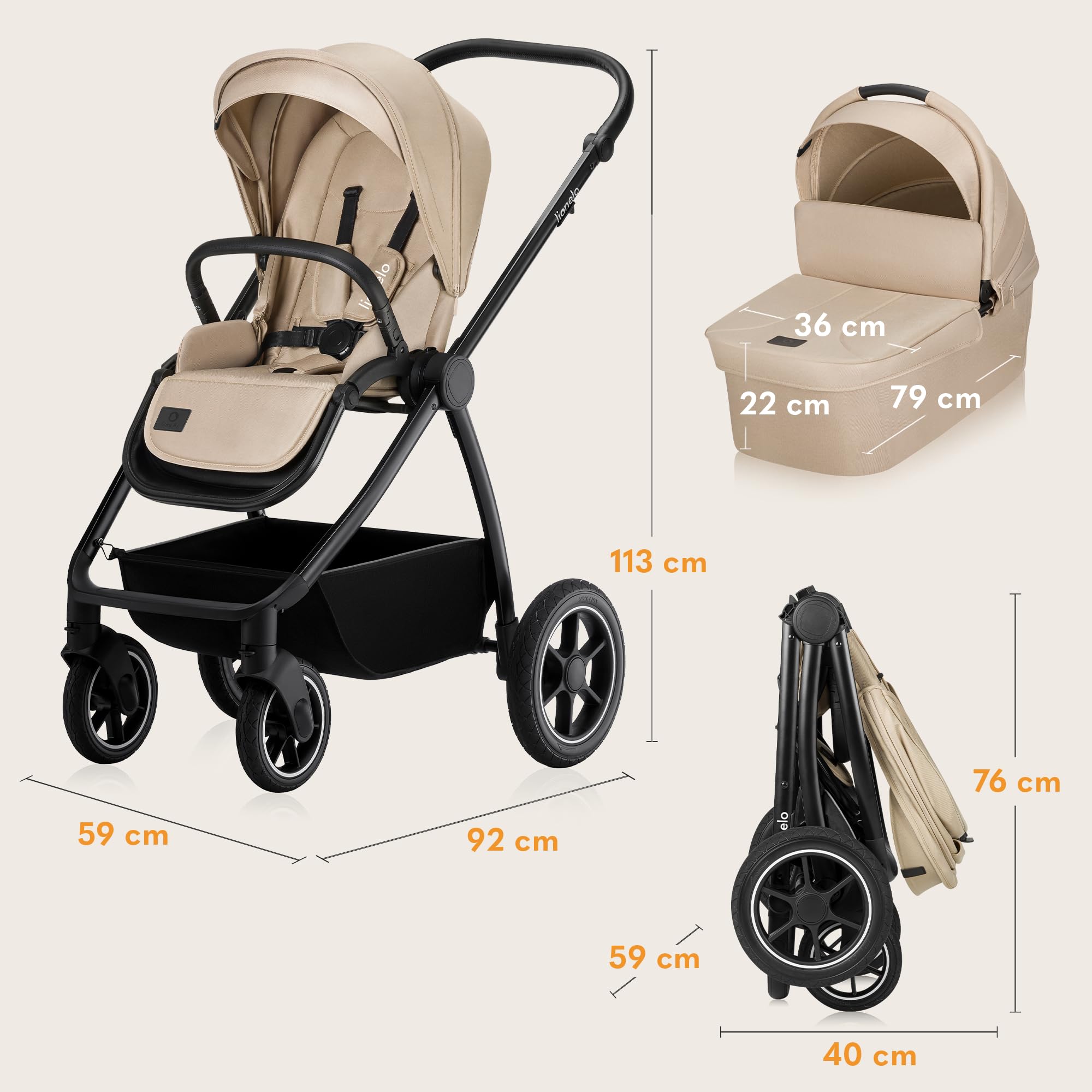LIONELO MERIL 2-in-1 Buggy Kinderwagen 0-48 Monate bis 22 kg XXL-Babywanne 360°-Geländeräder Vollfederung