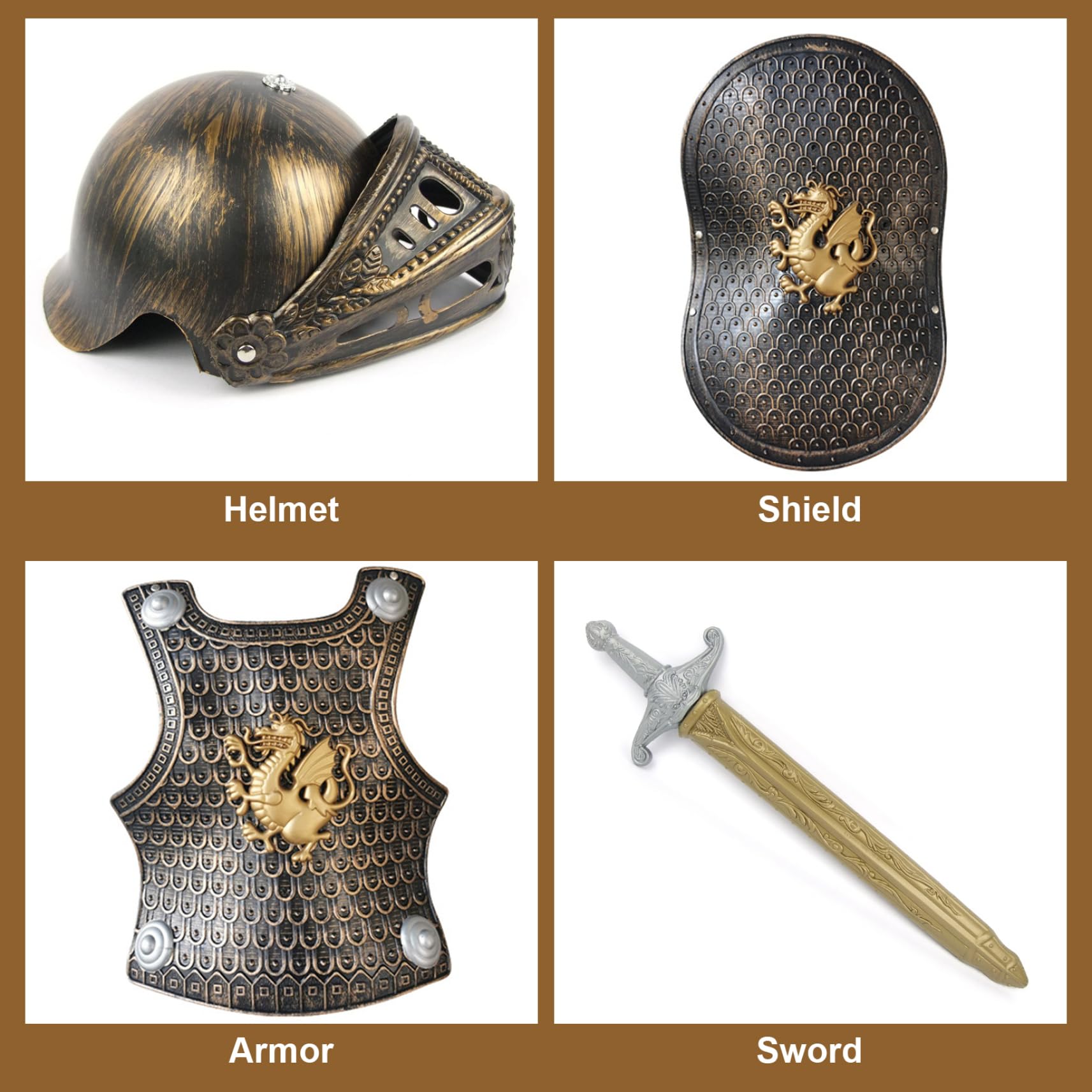 Costume da cavaliere per bambini, 4 pezzi, set di armatura in plastica, adatto per bambini da 3 a