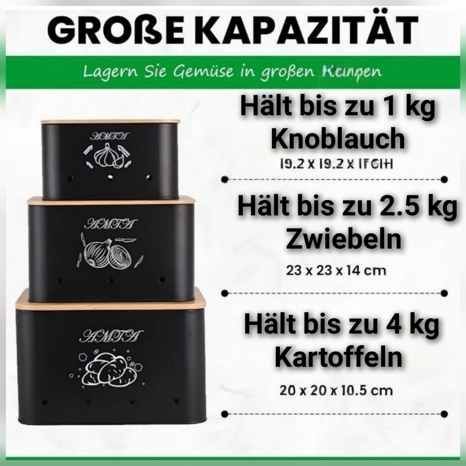 Kartoffel Aufbewahrungsbox [3er Set] - Hält Gemüse Länger Frisch - Idealer Weg für Zwiebel, Kartoffel und Knoblauch Aufbewahrung Schäler & Schneider – Küchen Organizer im Vintage Stil (Schwarz)