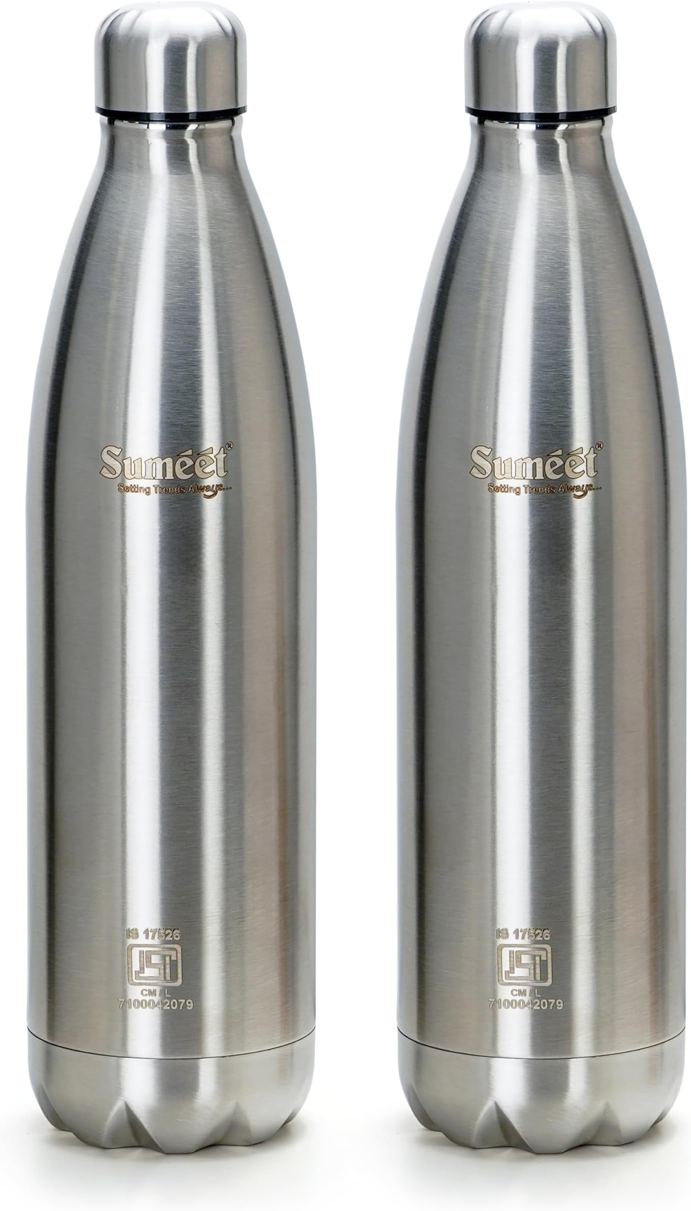 Sumeet Thermo1000 Stainless Steel 24 Hours Hot & Cold ISI Certified Double Walled Leak Proof Vacuum Flask/Water Bottle for Office/School/College/Gym/Picnic/Home/Trekking- 1000ml, Silver,2PC