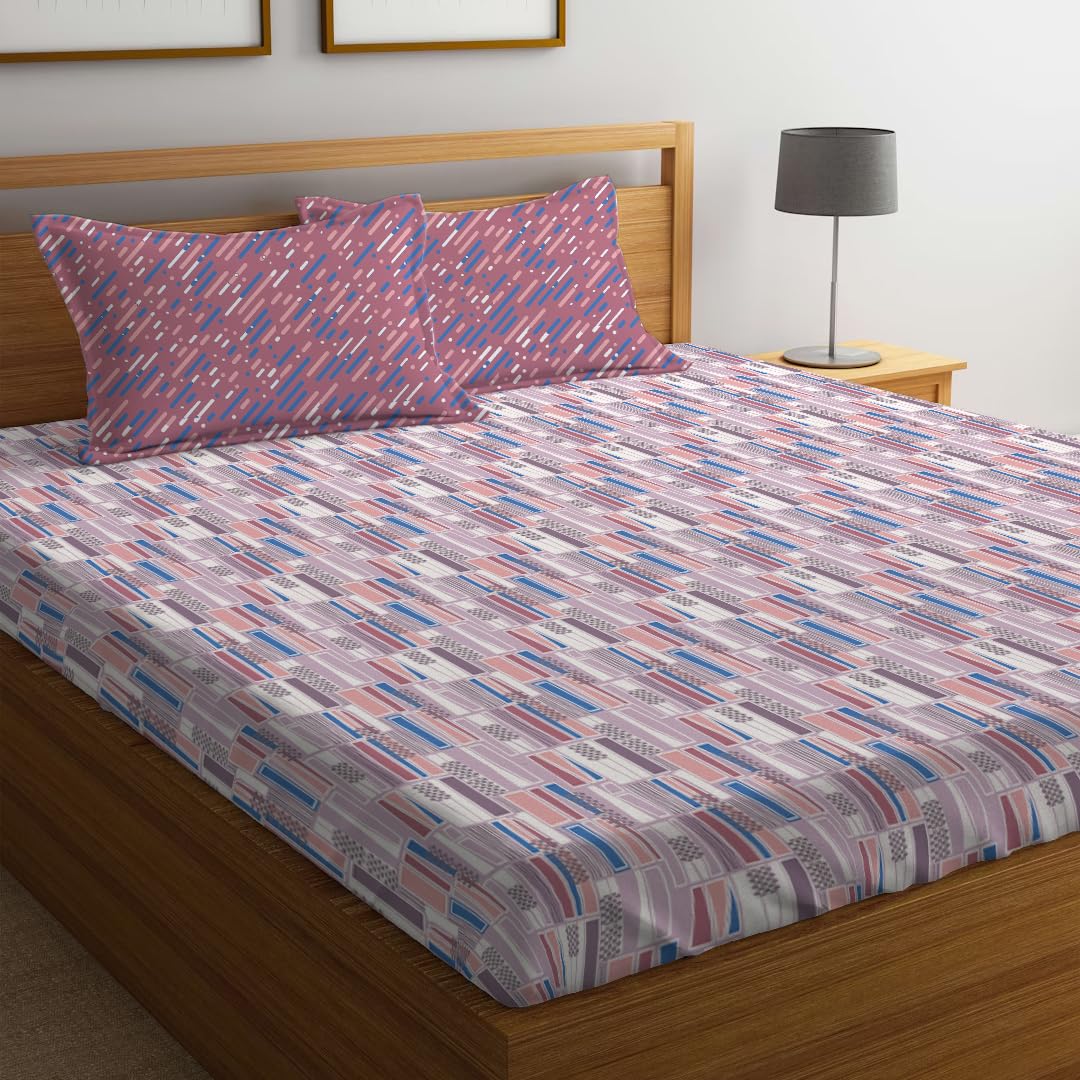 LOOMLYFE 300 TC Cotton Feel Glace Cotton Elastic Fitted Printed Super King Size Bedsheet with 2 Pillow Covers Fits Upto 12 inches Mattress,Size- 72X78 Inches, SmallPurpleLines