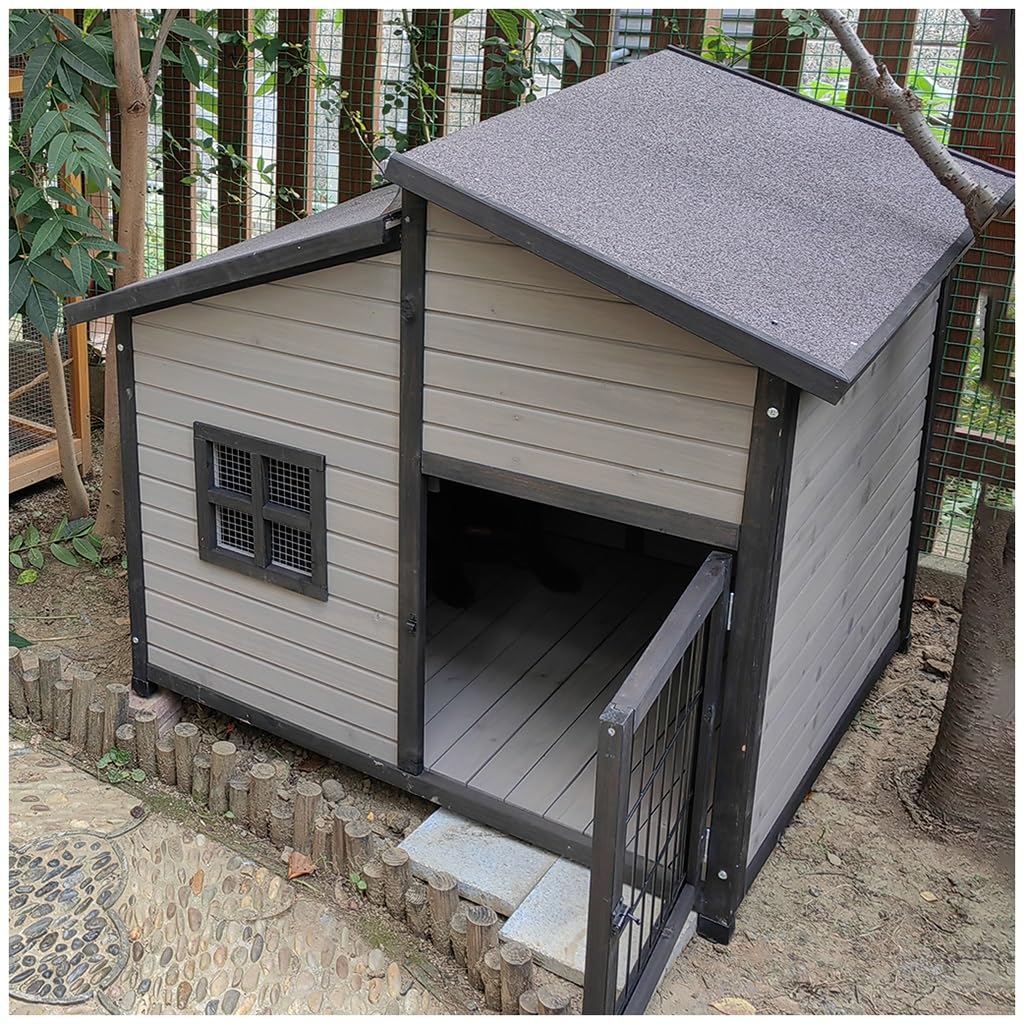 Casa per cani in legno per cani di medie dimensioni, canile per cabina di legno all'aperto con pavimento elevato, design impermeabile del portico, gambe regolabili, facile montaggio Pet Home