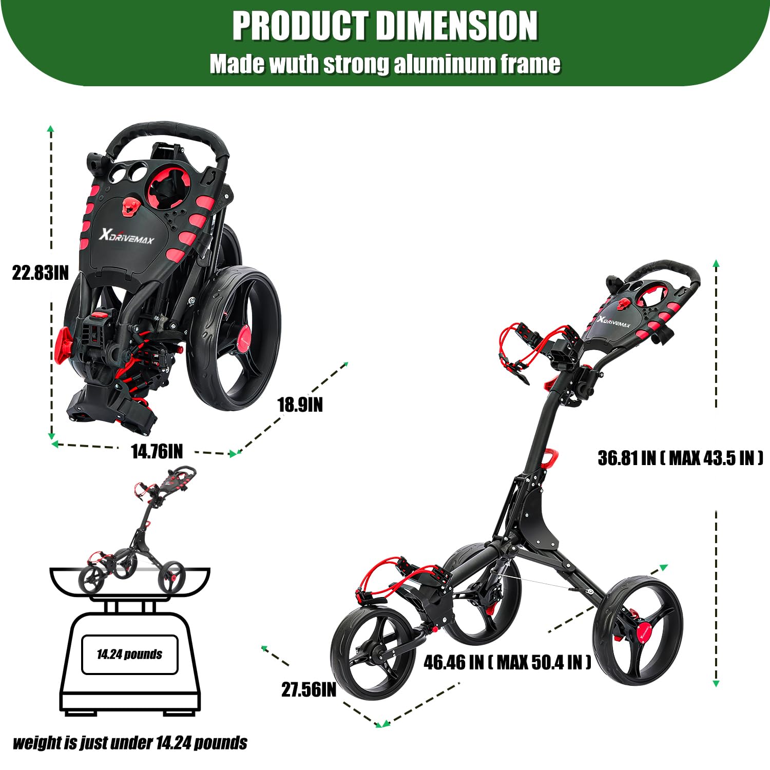 XDriveMax Golf Trolley 3 Rad,Golftrolley Klappbar,Leichter Golf Trolleys für Golfschläger und Golfbag, mit Getränkehalter,Scorekartenhalter und Ablagefach(Grün)