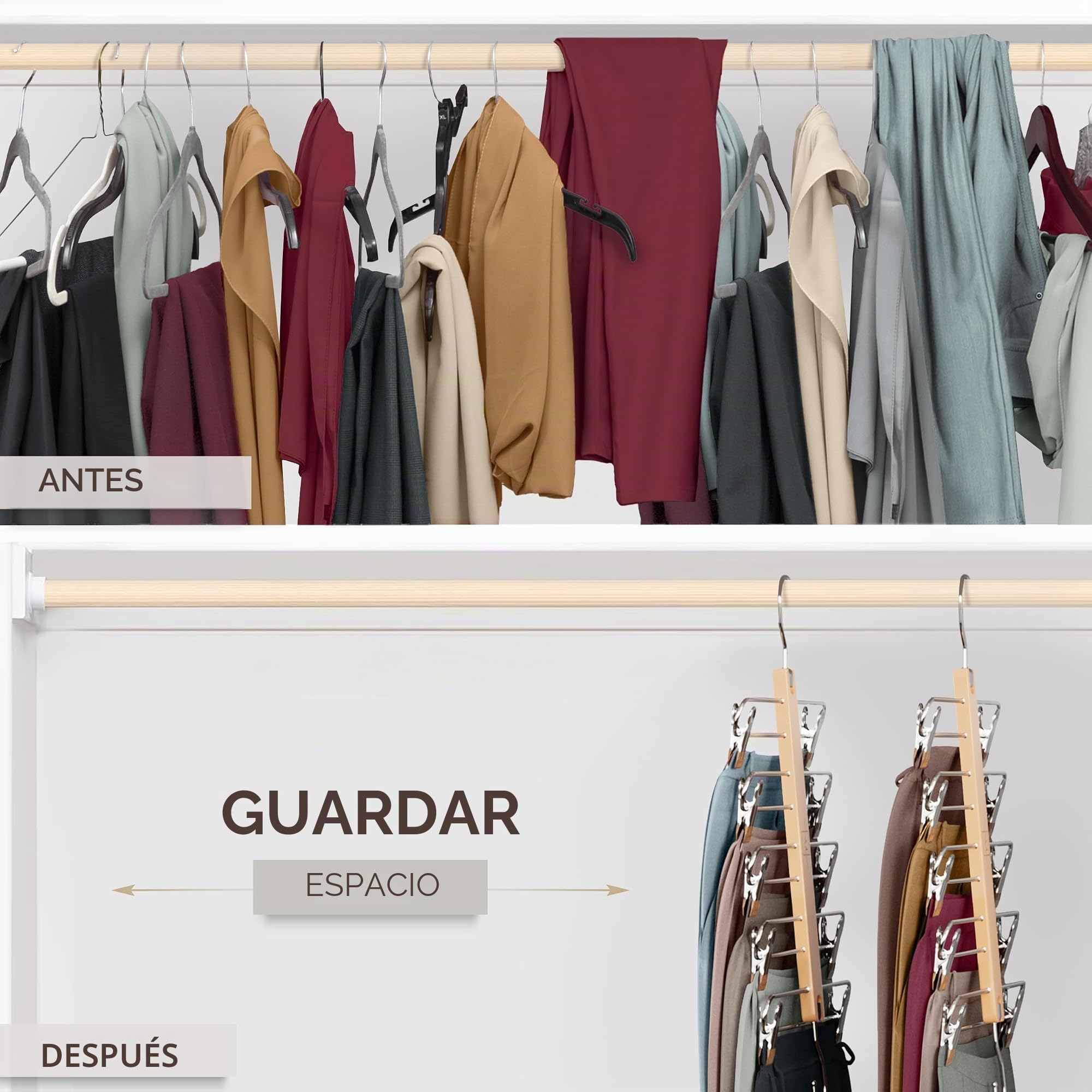 MORALVE Perchas para faldas que ahorran espacio con clips, paquete de 2, colgador europeo de 5 niveles de madera de haya para pantalones cortos, faldas y pantalones, organizador de armario y solución