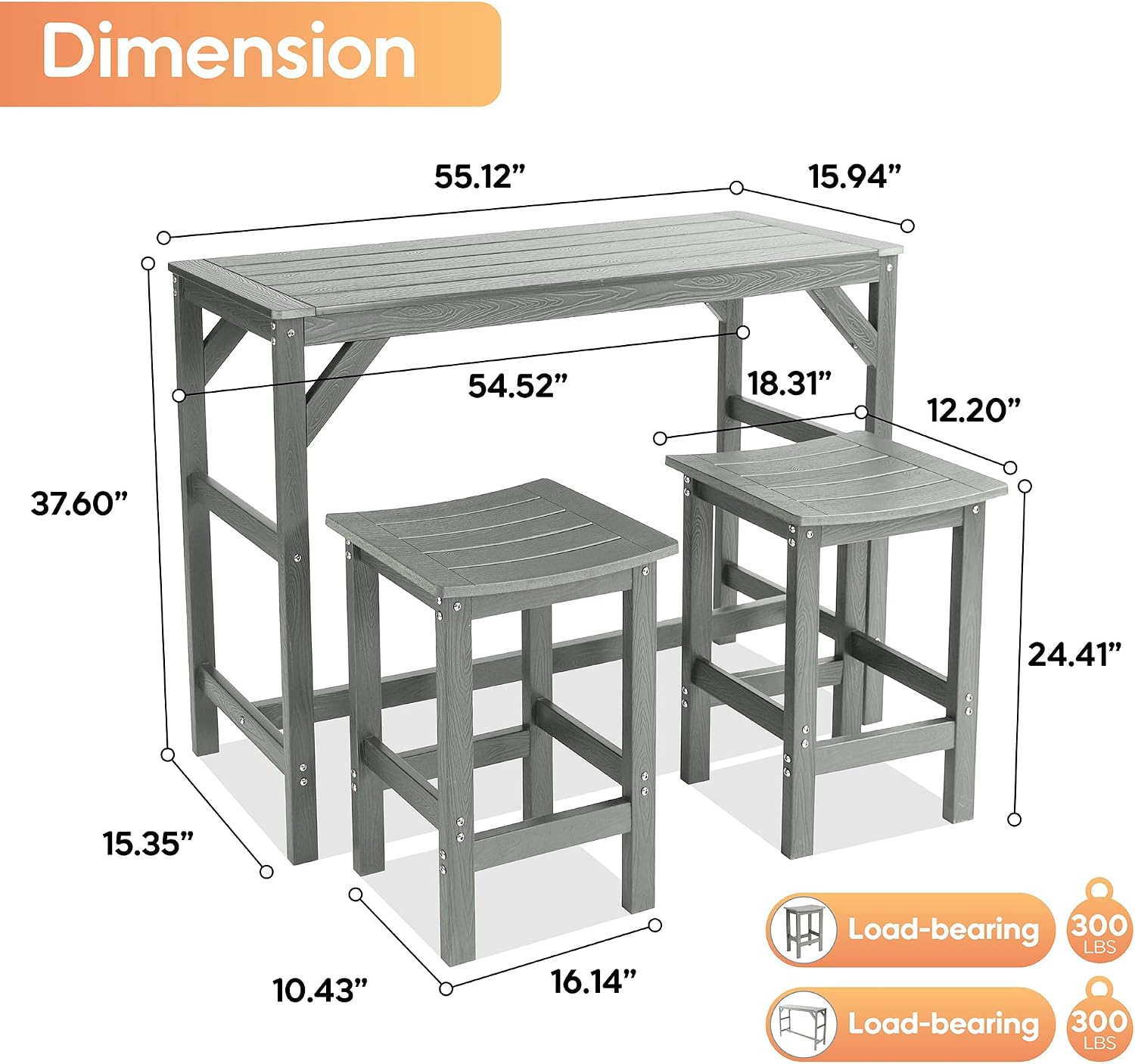 HIPS Outdoor Patio Bar Set, All Weather HIPS Bar Table and Chairs Set for Outside, 55" Rectangular High Top Bar Table with 2 Bar Stools for Poolside, Patio, Balcony, Deck (Grey, 3 Pcs Set)