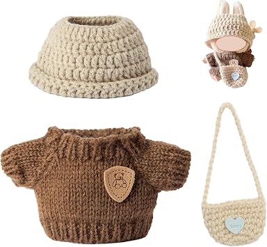 Handcrafted Clothes for Labub Doll Premium Dolls Outfit 3 Pieces Stylish Doll Accessories Compatible with 5.91/6.7inch 15/17cm Dolls Hat Sweater and Bag