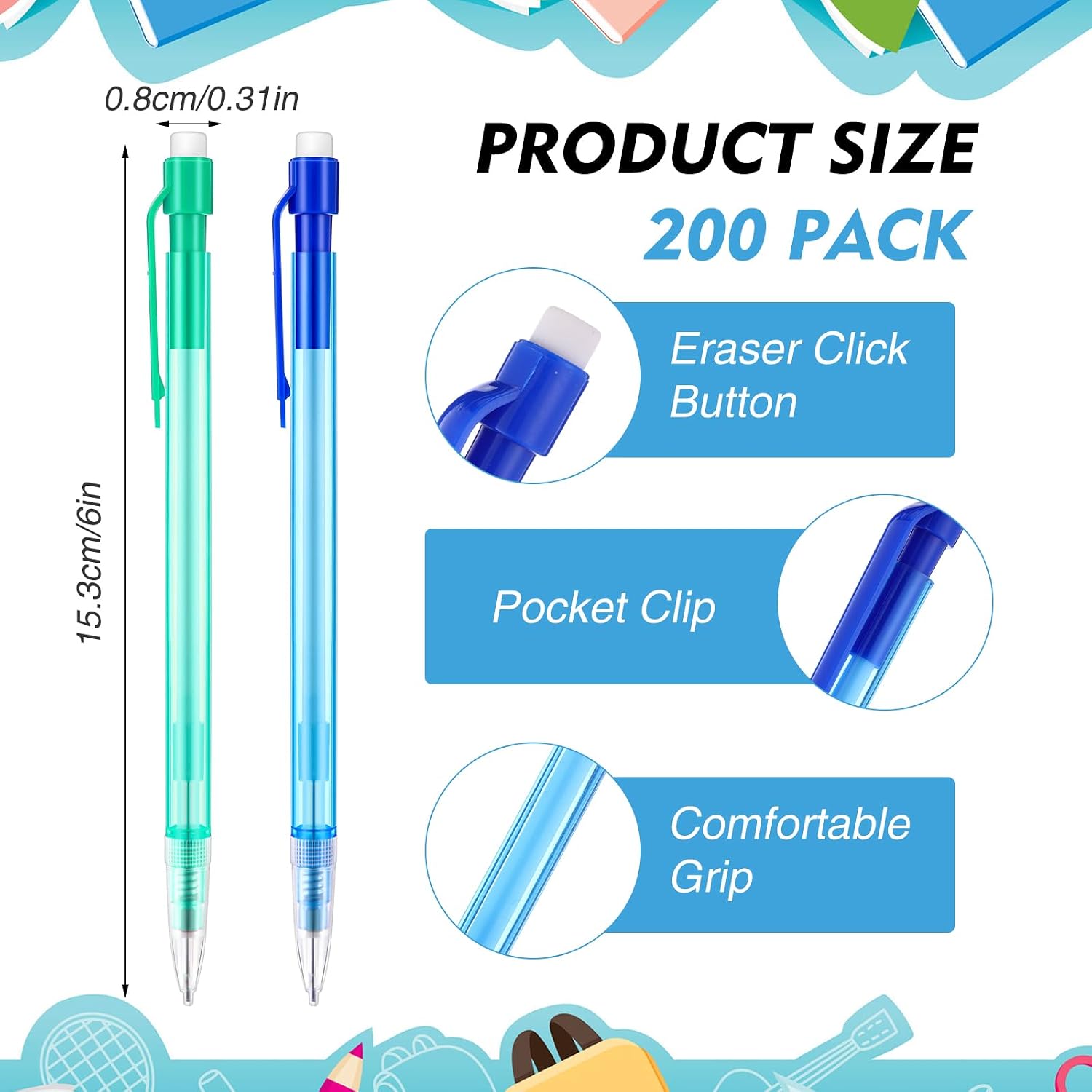 Fuyoooo 200 Pcs 0.7mm Mechanical Pencils with Eraser Bulk, Colorful Mechanical Pencil 0.7mm for Office Classroom Back to School Supplies School Student Writing Drawing Sketching(4 Color)