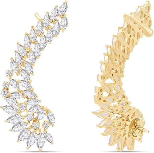 Miniatura 9 de Pendientes grandes con forma de ala de ángel, circonita cúbica en oro sobre plata de ley