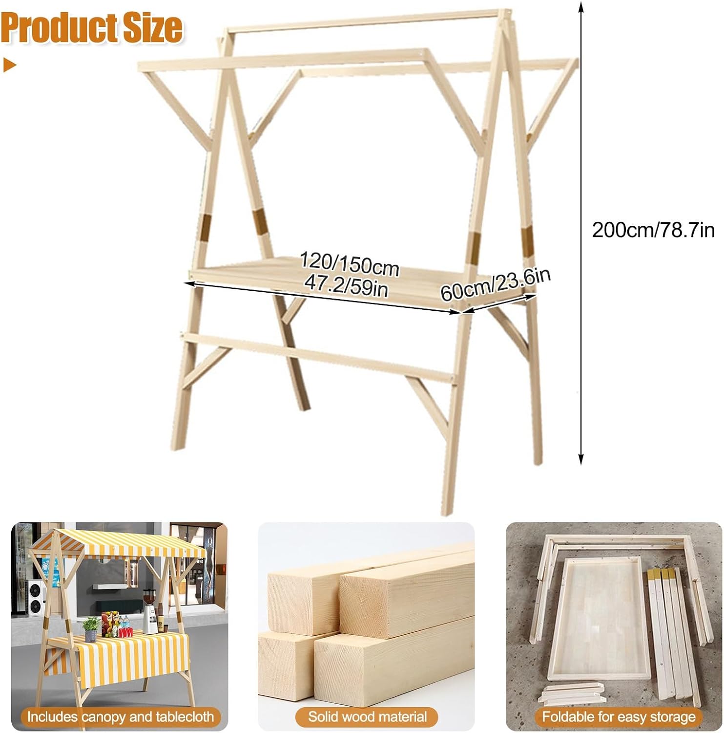 HARELA Portable Vendor Cart with Canopy, Collapsible Wooden Market Stall Rack, Farmers Market Stand Outdoor Food Cart for Market, Street Food & Events(White,120cm/47.2in)