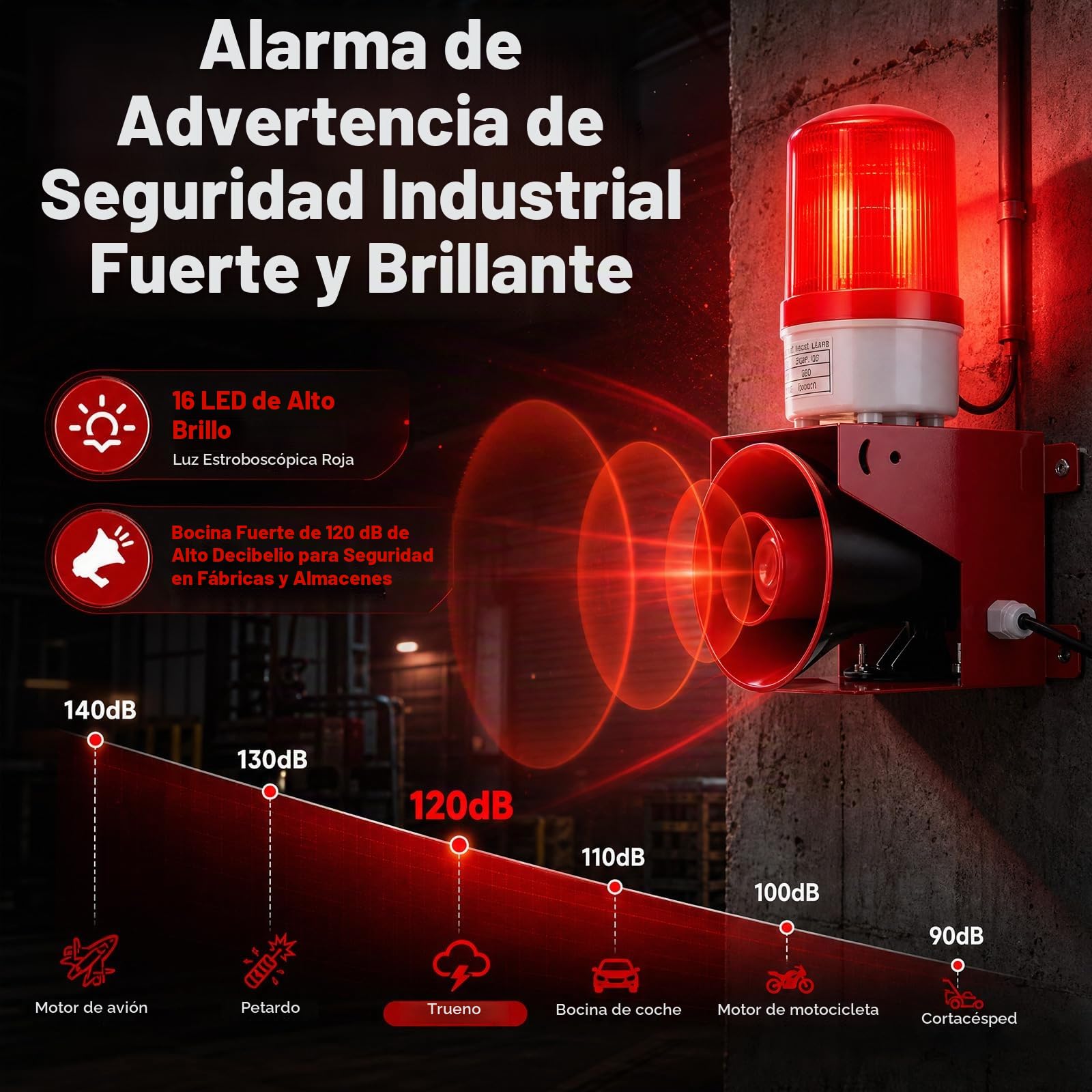Alarma de Sirena Industrial, Sirena Alarma Industrial de 120 dB con Luz Estroboscópica IP65 Lámpara LED Adecuada para Uso Interior y Exterior Enchufe UE 220 V