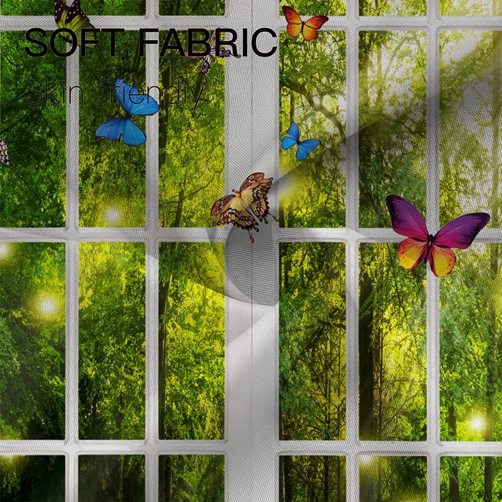 Spring Scenery Shower Curtain Tropical Green Jungle Forest Colorful Butterfly Window Outside Nature Landscape for Bathroom Decorations Waterproof Shower Curtains Set with Hooks, 72x78 Inch