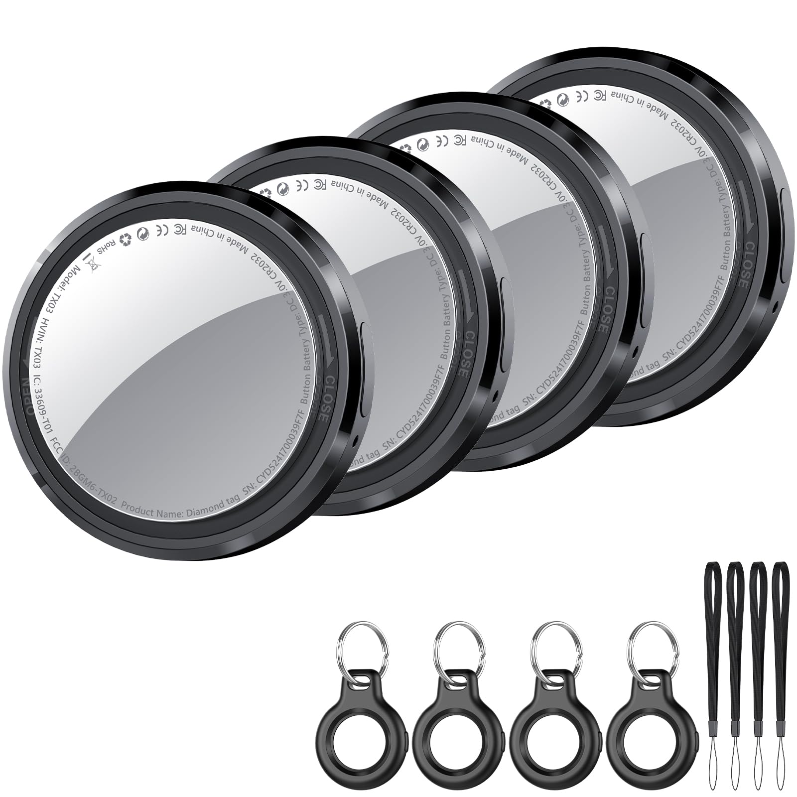 Air Tracker Tag 4 pezzi Nero, Bluetooth Trova Oggetti Compatibile con Apple Dov'è (solo iOS), Smart Tracker Localizzatore per Bagagli/Borse/Portafogli/Zaini, Chiavi Tag Tracking, Batteria Sostituibile