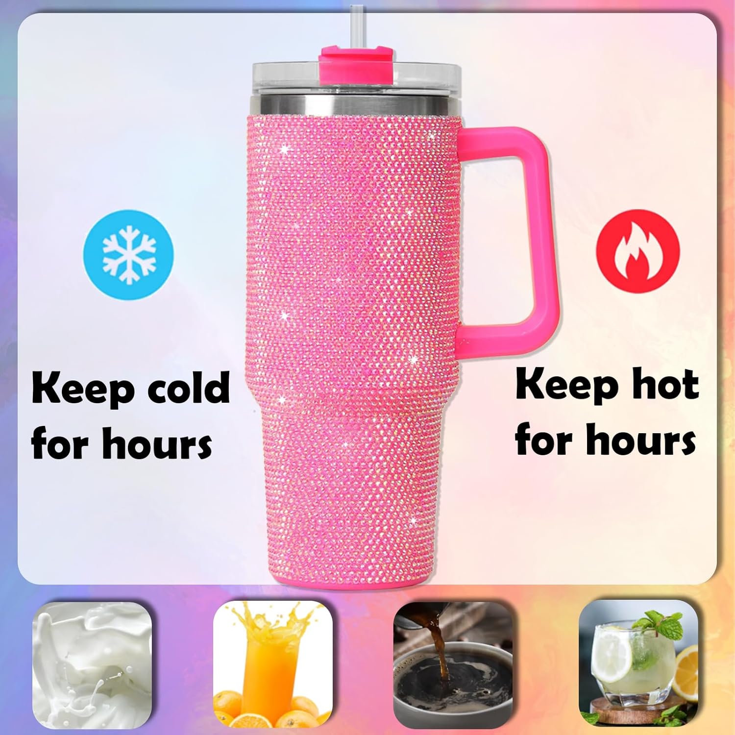 40oz Rhinestone Bling Tumbler with Handle and 2 Straw,Glitter Travel Mug with Lid,Rhinestone Water Bottle,Diamond Vacuum Insulated Stainless Steel Cup for Girls Women (Pink)