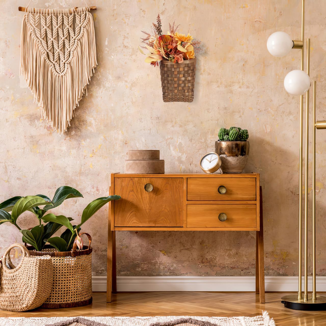 Kichvoe Door Hanging Basket: Hanging Wicker Wall Basket Vegetable Fruit Flower Storage Farmhouse Decoration for Home Garden Kitchen Bathroom Decor, 7.87 * 6.69 * 5.31inch