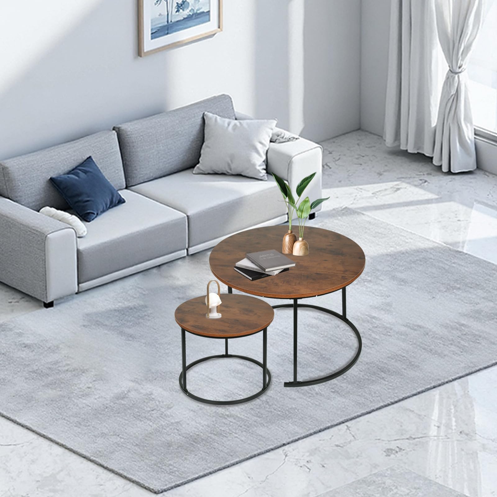 OHMG Lot de 2 Tables Basses gigognes,Table Basse Ronde,Empilable,Design Industriel,Table Basse de Salon,Pieds en métal,Tables de d'appoint,70/50CM Effet marbre (Bois foncé+Noir-70 * 70 * 45cm)