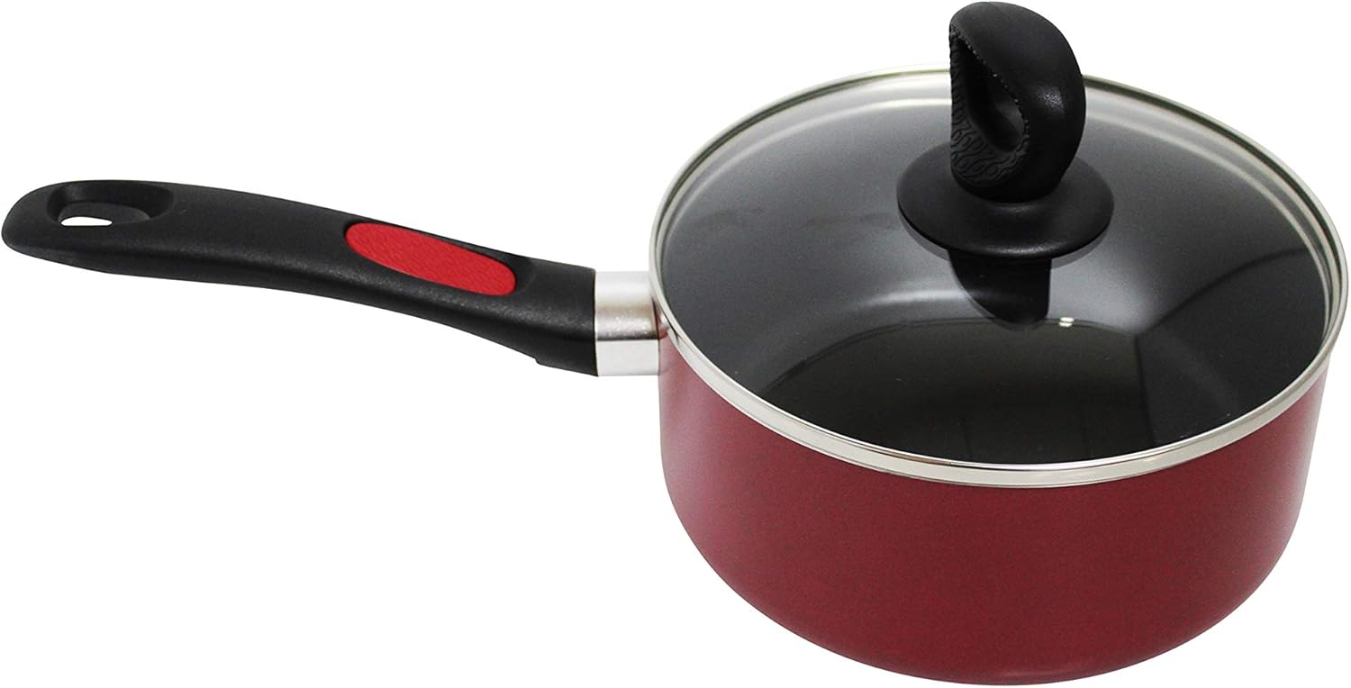 Mirro A79624 Get A Grip Aluminum Nonstick Saucepan with Glass Lid Cookware, 3-Quart, Red