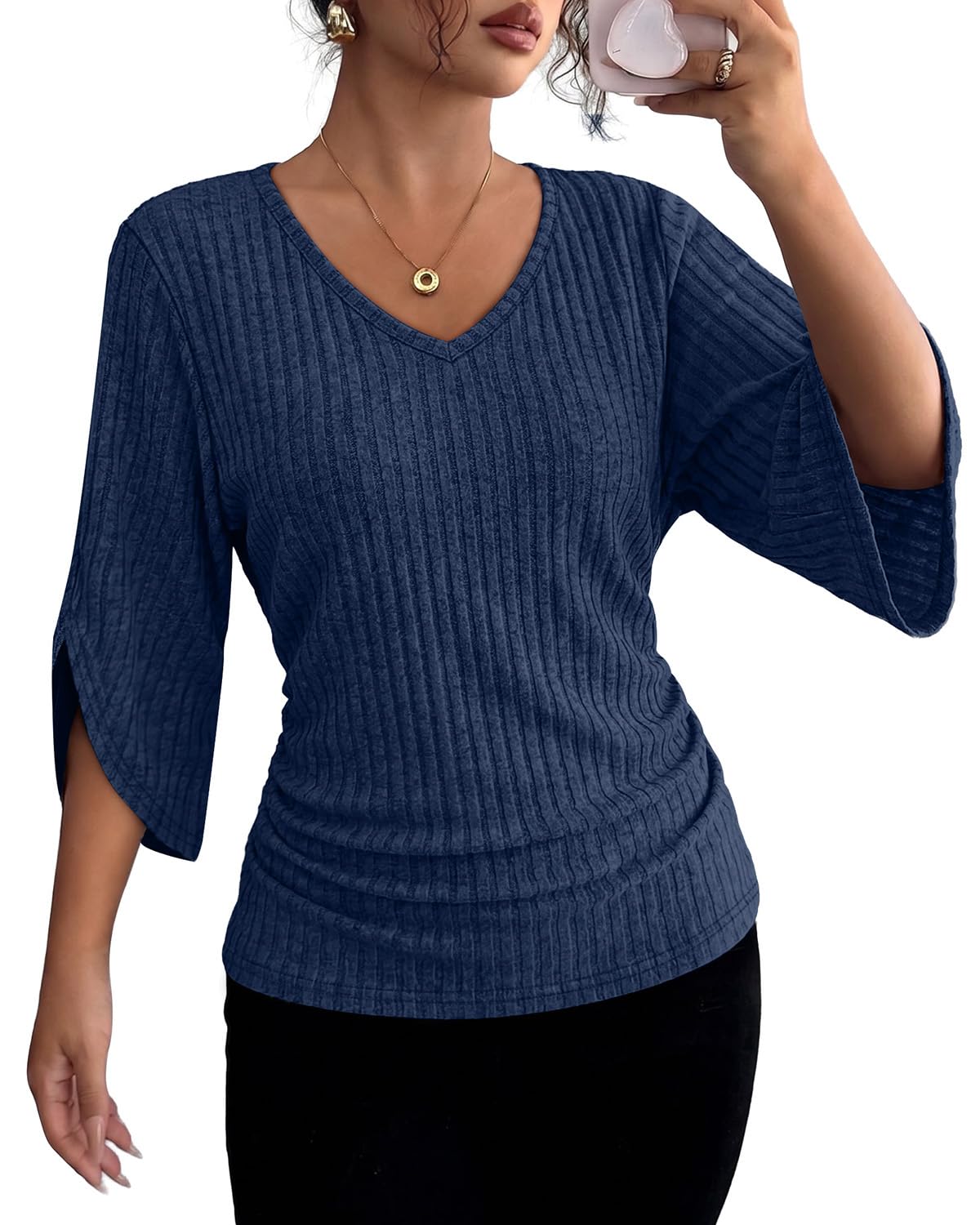 WIHOLL Womens Tops Dressy Casual 3/4 Length Sleeve V Neck Fall Fashion 2026