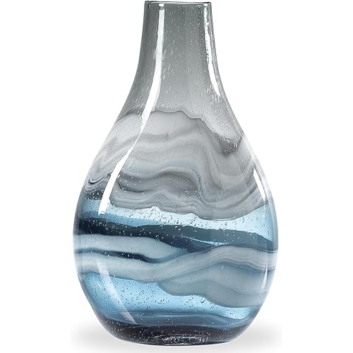 Torre & Tagus Andrea Large Vase for Flowers (Blown Blue Glass) - 14" Tall Teardrop Blown Glass Vase for Decor with Coastal Swirls & Bubble Patterns, Thick Decorative Glass Vase for Table Centerpiece