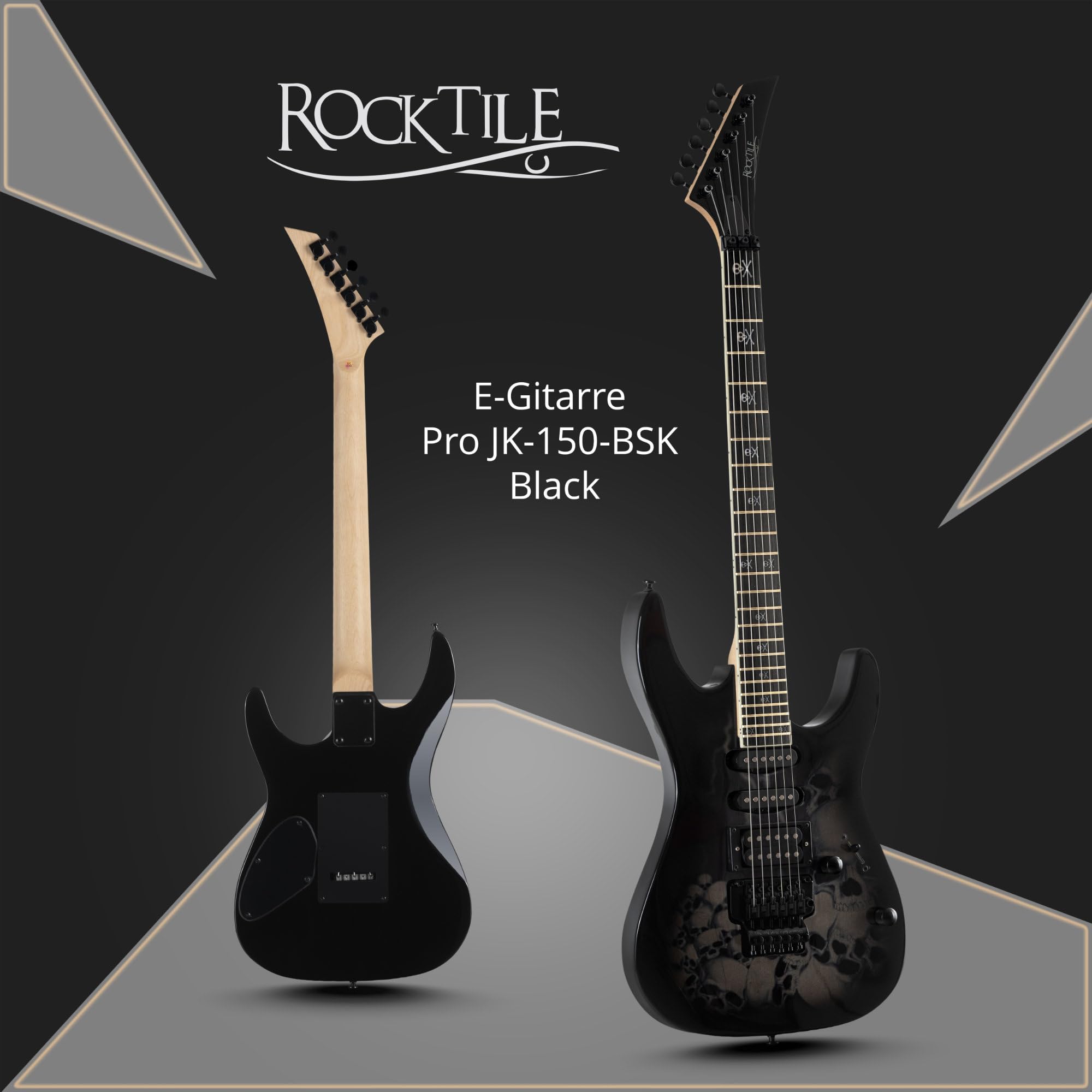 Rocktile Pro JK150-BSK Chitarra Elettrica Skull - ST-Style 6 Corde - Pickup HSS - Tremolo FR-Style - 24 Tasti Jumbo - Corpo in Ontano - Manico in Acero - Accessori Inclusi - Nero con Design Skull