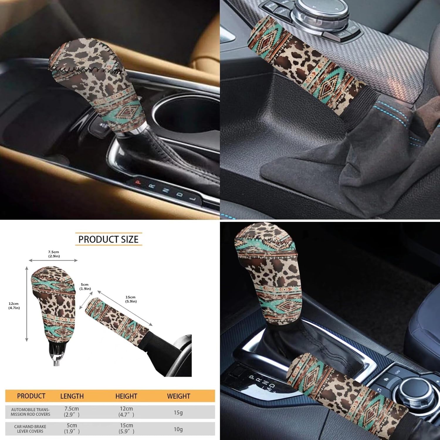 Wanyint Aztec Brown Cow Print Retro Car Seat Cover Full Set with Steering Wheel Cover Gear Shift Knob Cover Handbrake Protector Coasters Headrest Covers Universal Fit for Most Vehicles, Set of 11