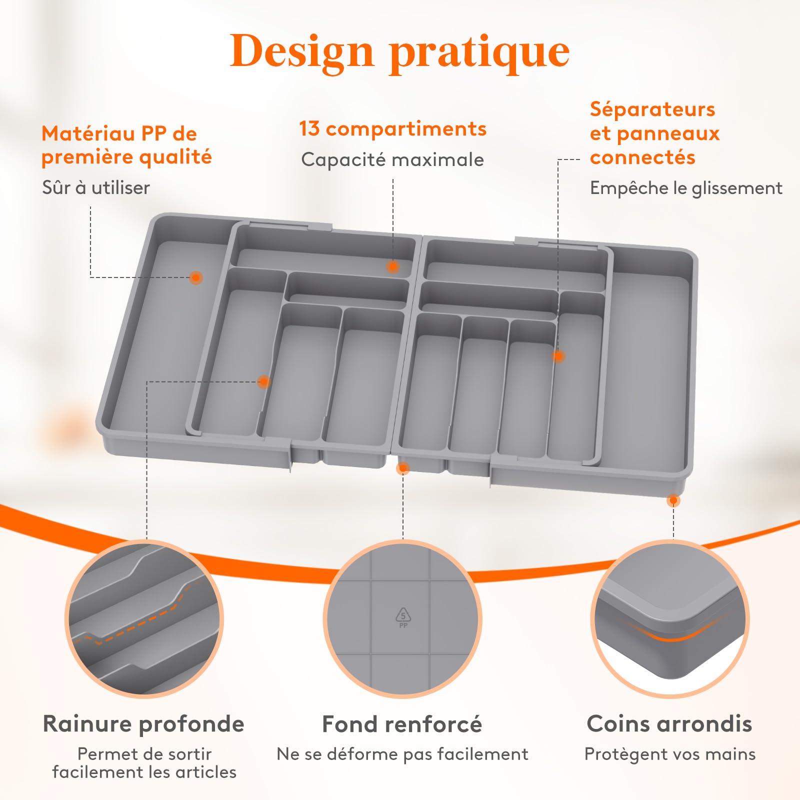 Lifewit Grand Range Couverts, Rangement Couvert Tiroir Cuisine, Extensible de 54.1 jusqu'à 91,4 cm de Large, Organisateur en Plastique pour Couverts, Cuillères, Fourchettes, Couteaux, Gris
