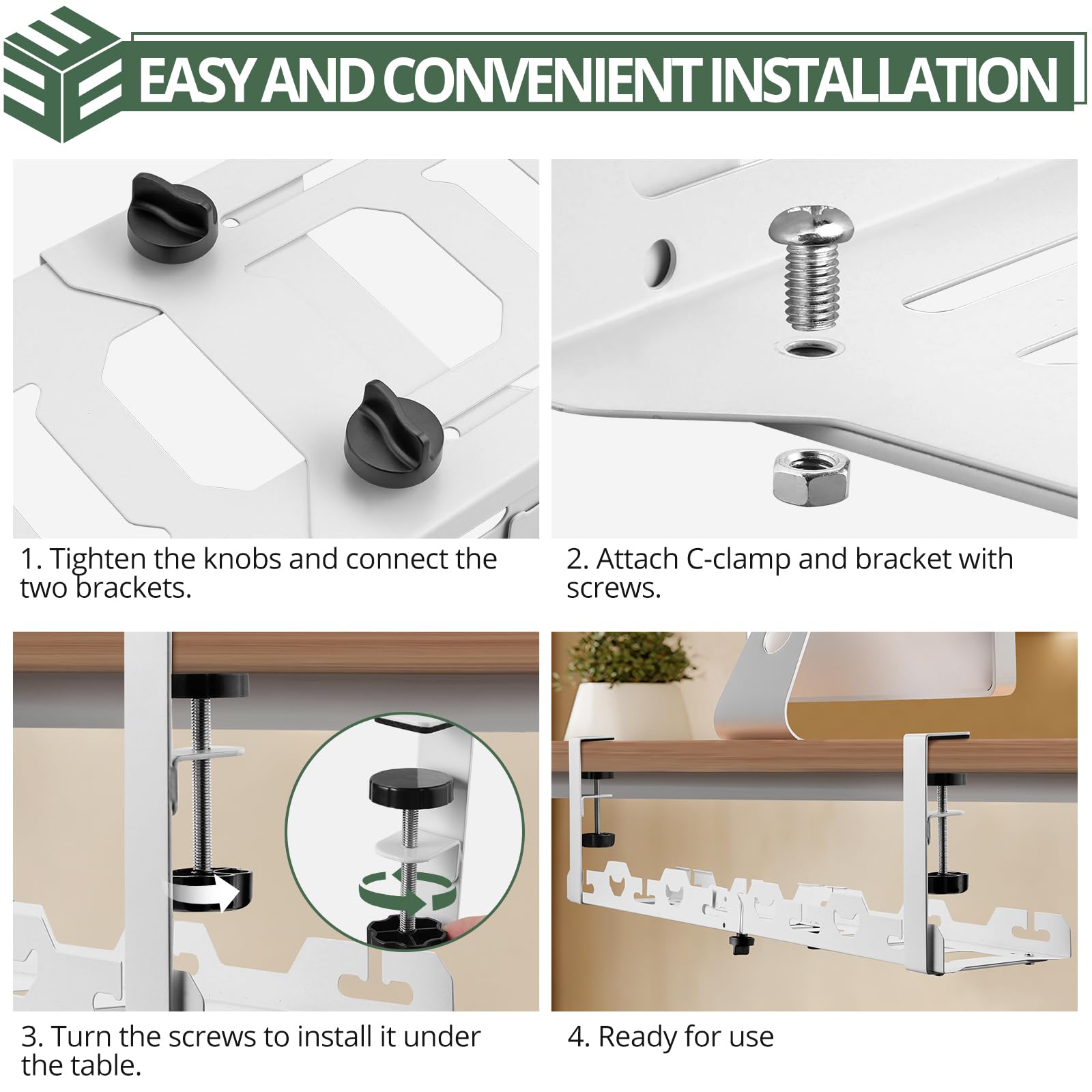 EYPINS Organizador de Cables para Debajo del Escritorio, sin Taladro, de 40-74cm, Retráctil, Resistente, de Acero al Carbono, Bandeja Cables Escritorio Blanco
