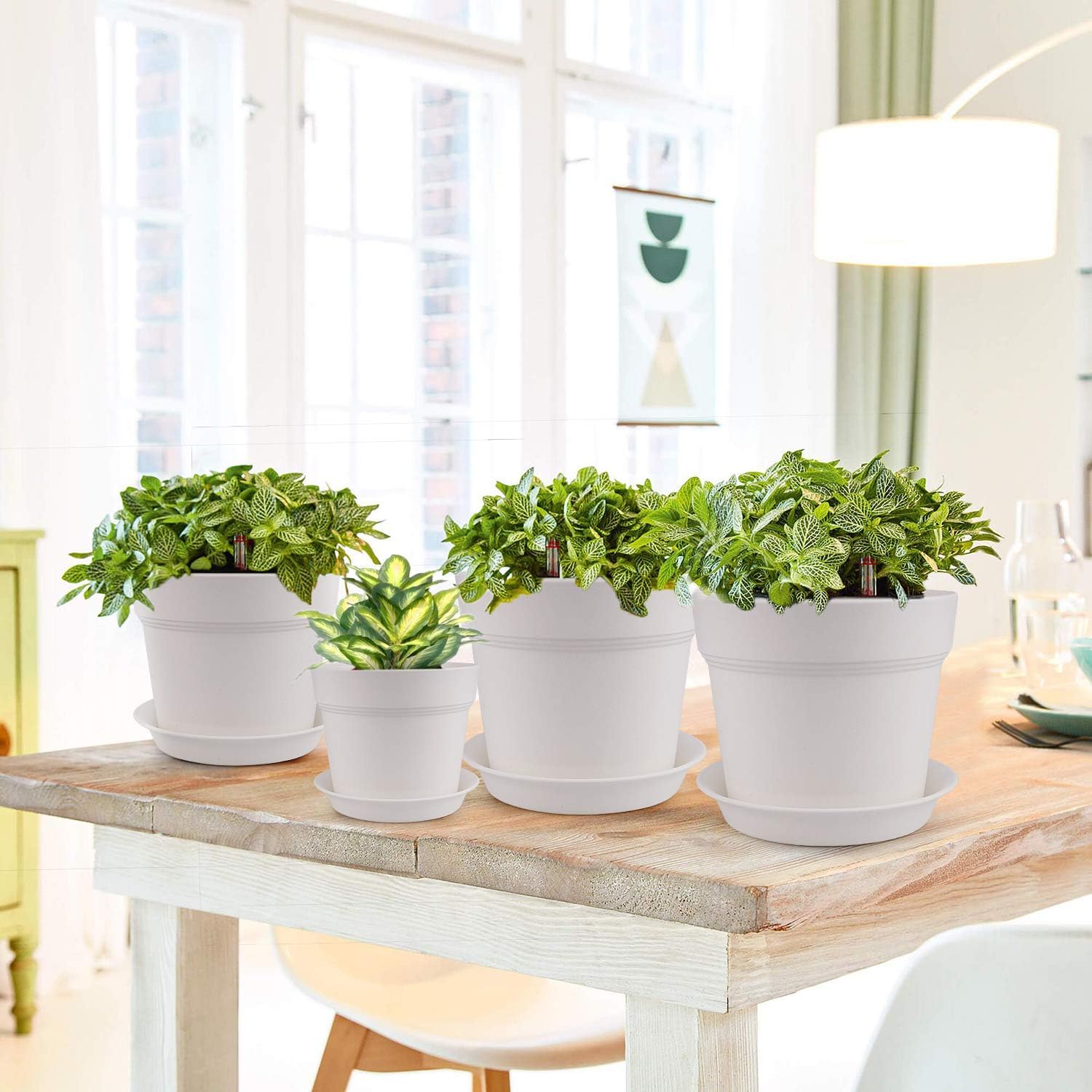 homenote 7/6/5/4 inch Plastic Planters Indoor Set of 4 White Plant Pots with Drainage Trays Modern Round Flower pots for House Plants, Succulents, Flowers