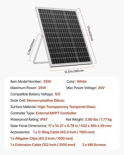 Miniatura 7 de VEVOR Cargador de batería de panel solar de 25 W 12 V, mantenedor de batería solar con controlador MPPT inteligente y soporte de montaje ajustable,