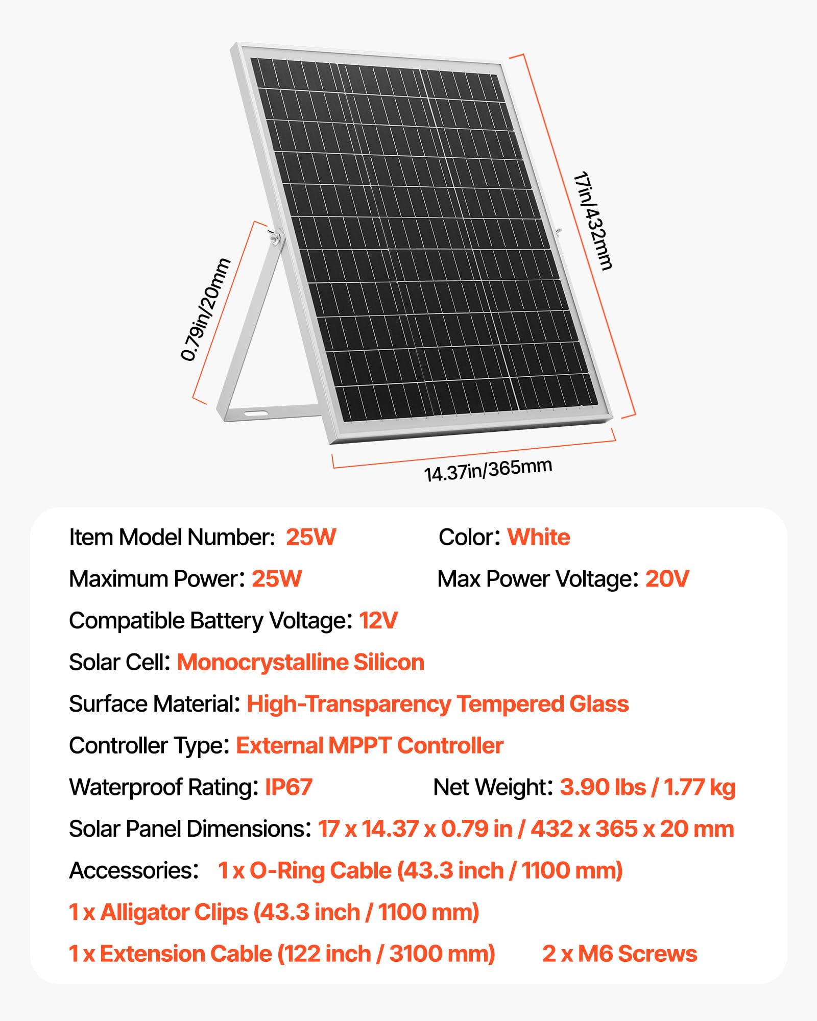 VEVOR Caricabatteria Solare 25 W 12 V, Pannello Solare Monocristallino Regolatore MPPT da Esterno, Staffa di Montaggio Regolabile, Impermeabile IP67, Kit Caricabatteria Solare per Auto Barche Camper