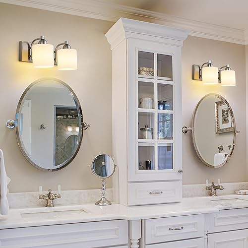 Miniatura 2 de Luces de tocador de vidrio de leche de acero inoxidable para baño, 2 lámparas de baño de níquel cepillado sobre espejo, enchufes E26 de cerámica