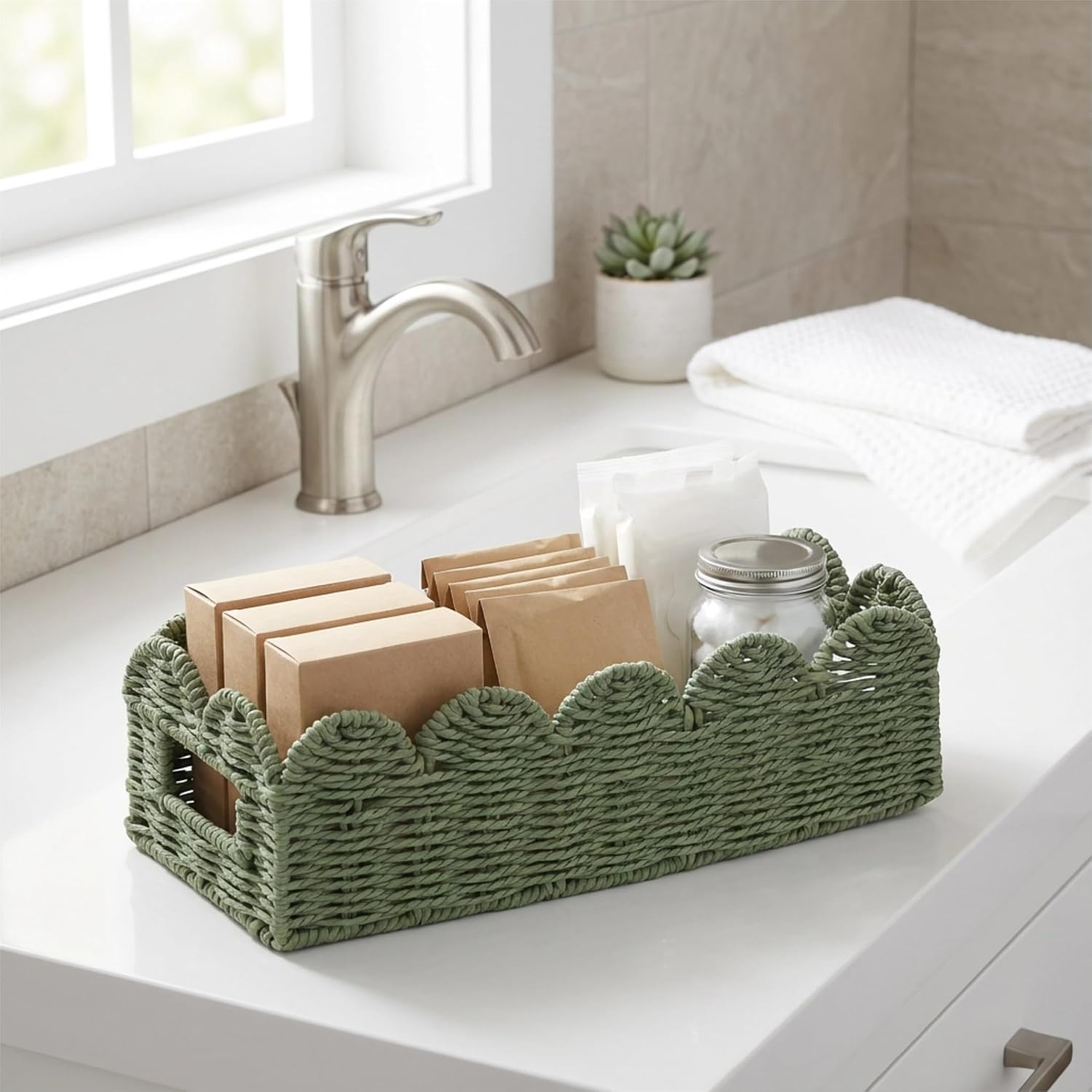 Scalloped Green Toilet Tank Basket for Back of Toilet, Wicker Bathroom Tray for Toilet Paper Storage, Bathroom Organizer for Tank Top, Countertop & Small Spaces