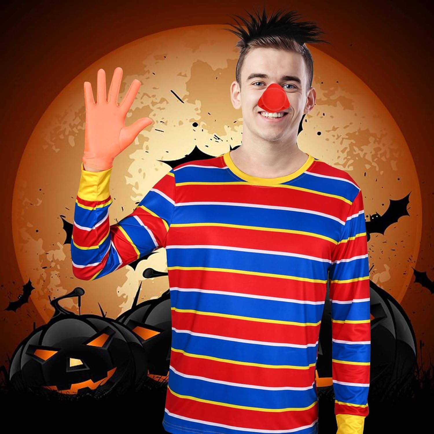 Halloween Cartoon Costume Striped Shirt Gloves Fake Nose Hairy Headband for Halloween Adult Men Cosplay