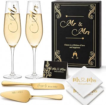 Wedding Cake Knife And Server Set Mr Mrs Champagne Flutes, Bride And Groom Gold Engraved Toasting Glasses With Cocktail Napkins Cake Cutting Set For Wedding, Personalized Engagement Gifts For Couple