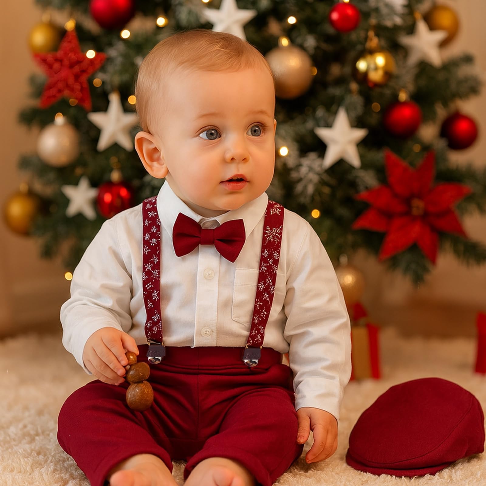 Tuta Elegante da Gentiluomo per Neonato con Bretelle, Pantaloni, Papillon e Coppola Abbigliamento Natalizio per Feste 6-24 Mesi