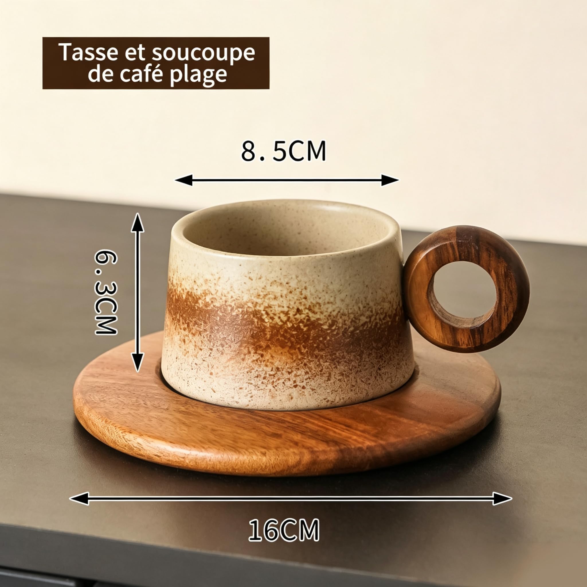 Ceramiczny kubek do kawy 240ml z drewnianym uchwytem i podstawą, dzika