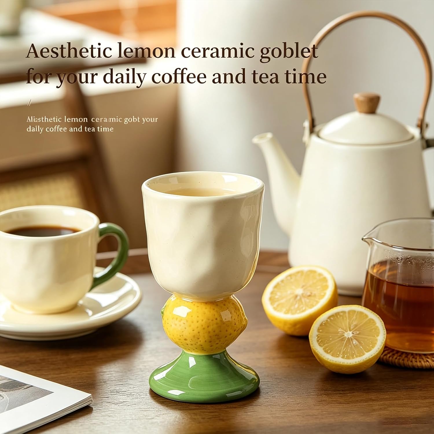 Handmade Lemon Ceramic Goblet Cup, 10oz Reusable Glazed Drinking Cup for Coffee Tea Dessert, Decorative Tableware with Gift Box for Housewarming Birthday (Lemon Yellow)