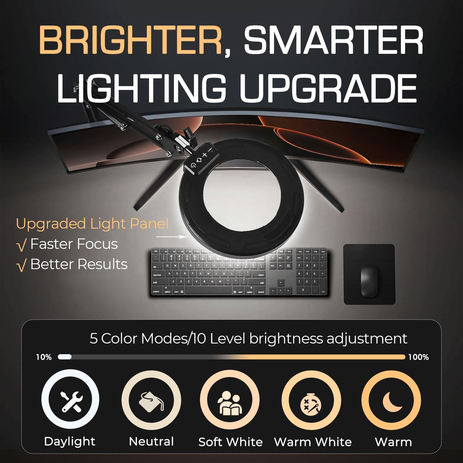 Lupe mit Touch Control Licht und Ständer - LED Lupenleuchte in Schwarz, Klemme, 5 Farbmodi, stufenlos dimmbar - Perfekte Lupenlampe für präzise Arbeiten und Modellbau