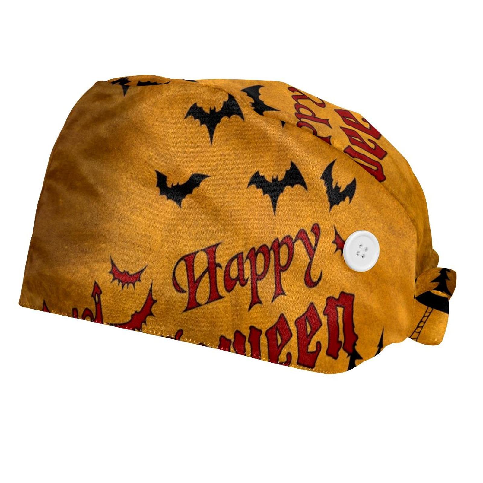 HonYea Happy Halloweenjpg Adjustable Working Caps 2 Pack Bouffant Hats with Buttons Women Men one Size