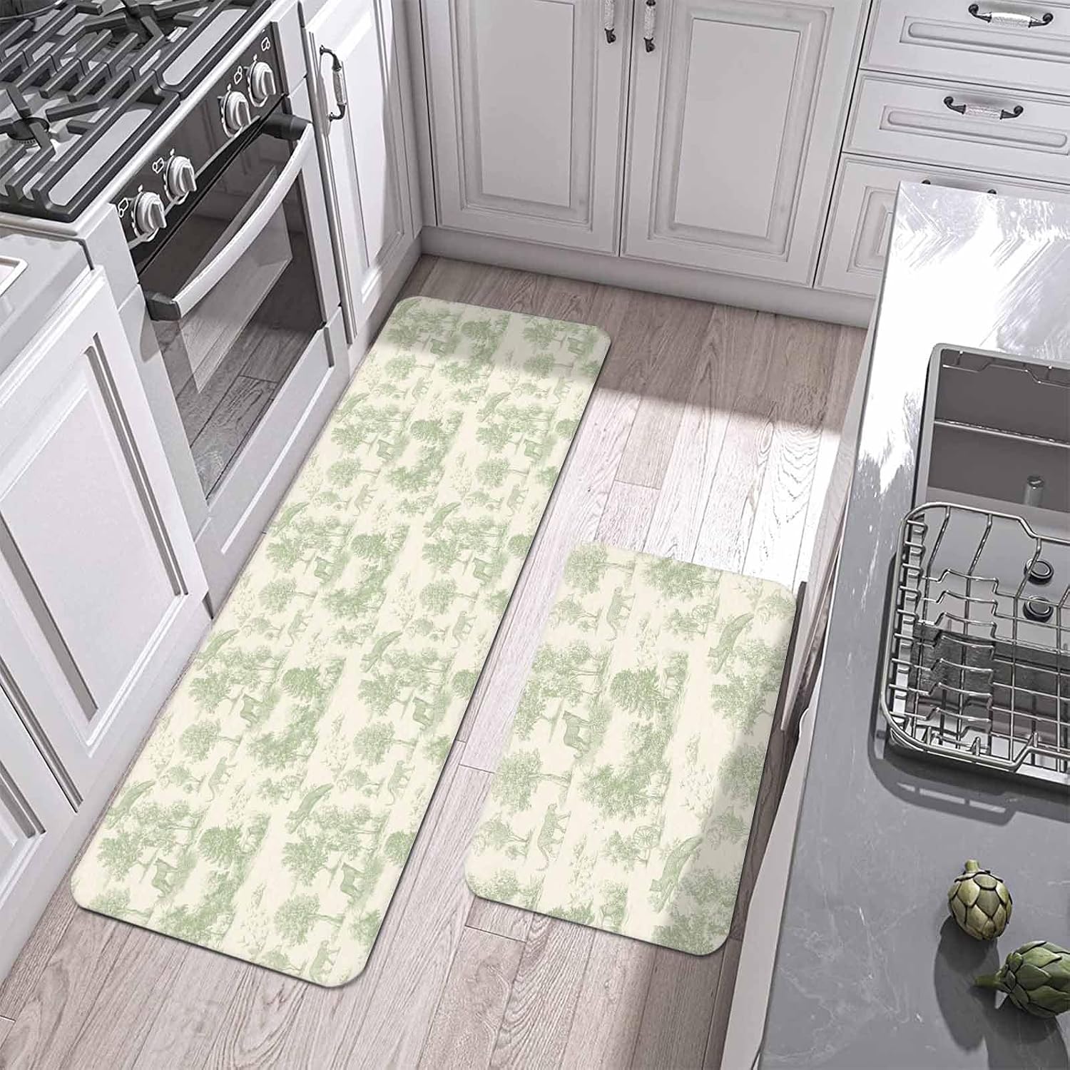 Prime Leader Forest Animal Kitchen Mat Set 2 Pieces Vintage Forest Leopard Animal Green Non Slip Kitchen Rugs Washable Runner Rug Mats for Sink Laundry (15.7" x 23.6"+15.7" x 47.2")
